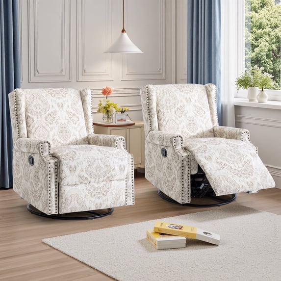 Recliner Chair Set of 2 Swivel Glider Rocker Nursery Chair for Adults, High Back Upholstered Rocking Armchair for Living Room, Manual Reclining Sofa Lounge Chair with Deep Seat in Fabric - Beige