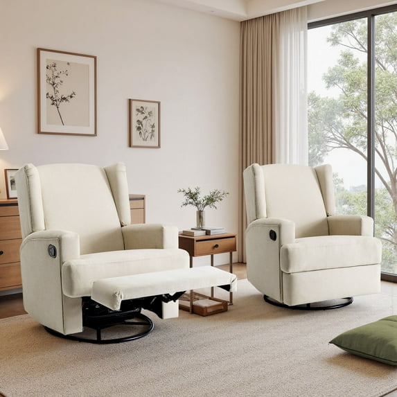 Recliner Chair Set of 2 Swivel Glider Rocker Nursery Chair for Adults, High Back Upholstered Rocking Armchair for Living Room, Manual Reclining Sofa Lounge Chair with Deep Seat in Fabric - Beach