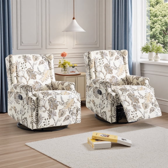 Recliner Chair Set of 2 Swivel Glider Rocking Chair for Adults, High Back Upholstered Rocking Armchair for Living Room, Manual Reclining Sofa Lounge Chair with Deep Seat in Fabric - Beige Plants