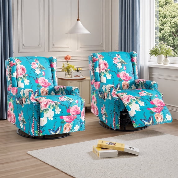 Recliner Chair Set of 2 Swivel Glider Rocking Chair for Adults, High Back Upholstered Rocking Armchair for Living Room, Manual Reclining Sofa Lounge Chair with Deep Seat in Fabric - Peacock Blue