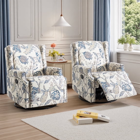 Recliner Chair Set of 2 Swivel Glider Rocking Chair for Adults, High Back Upholstered Rocking Armchair for Living Room, Manual Reclining Sofa Lounge Chair with Deep Seat in Fabric - Blue Plants