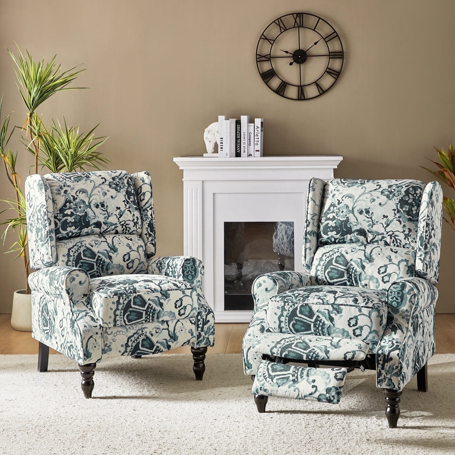 Tina's Home GREENGUARD Certified Floral Recliner Chairs Set of 2, Vintage Wingback High Back Push Back Manual Recliners for Living Room