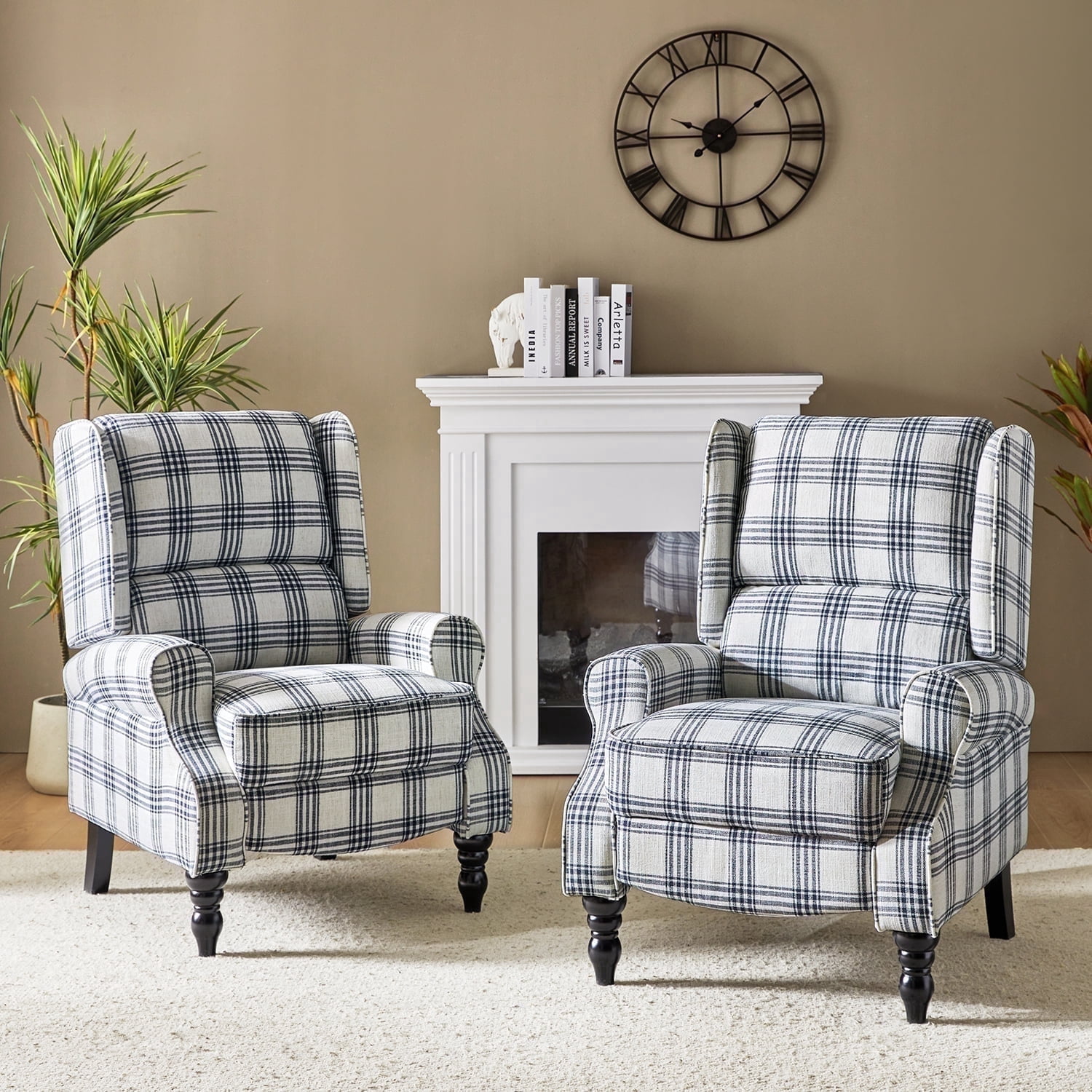 Tina's Home GREENGUARD Certified VintagePlaid Black Wingback Manual Push Back Recliner Chair Set of 2 for Living Room