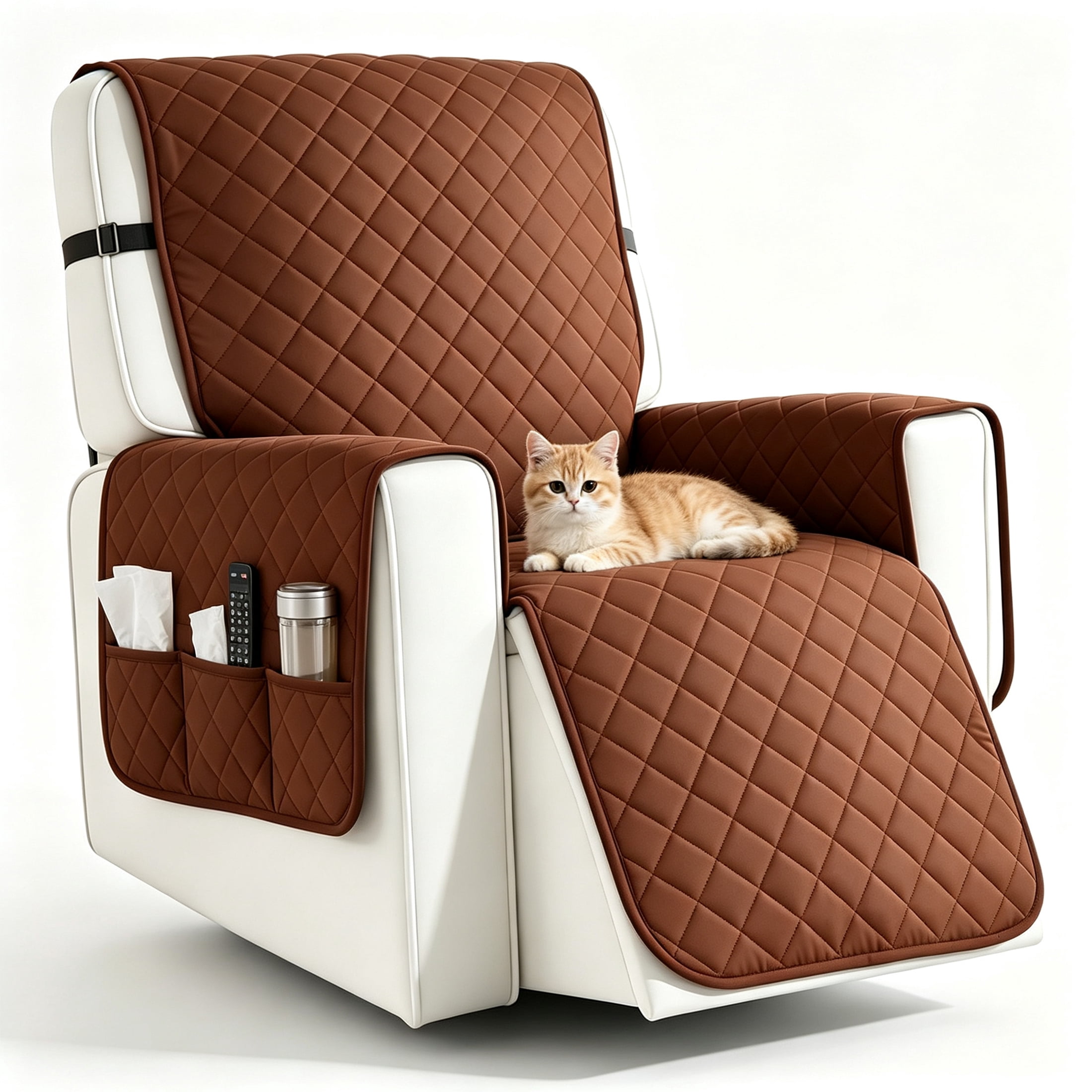 GARITIN Recliner Chair Cover, Non‑Slip Quilted Recliner Protector with Storage Pockets, Water Resistant Pet Furniture Slipcover