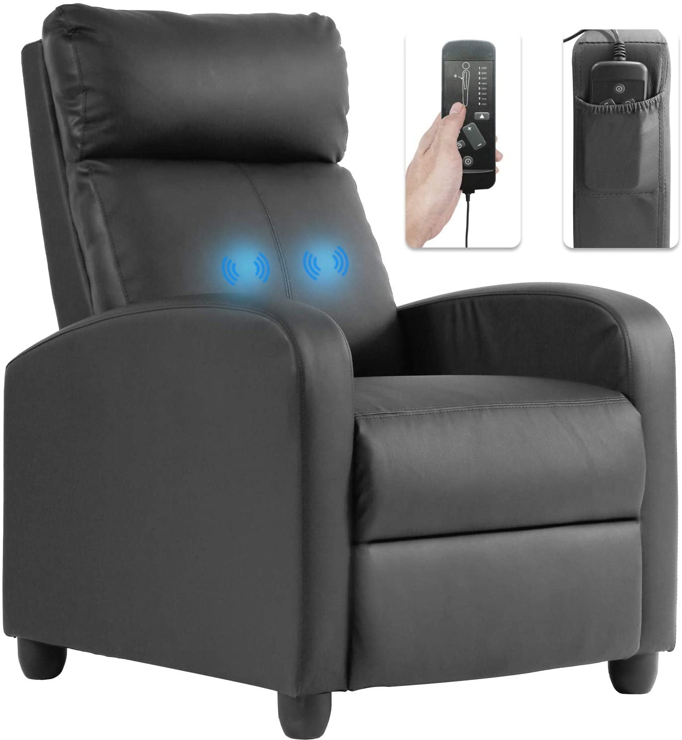Black Leather Recliner Chair with Massage and Wood Frame