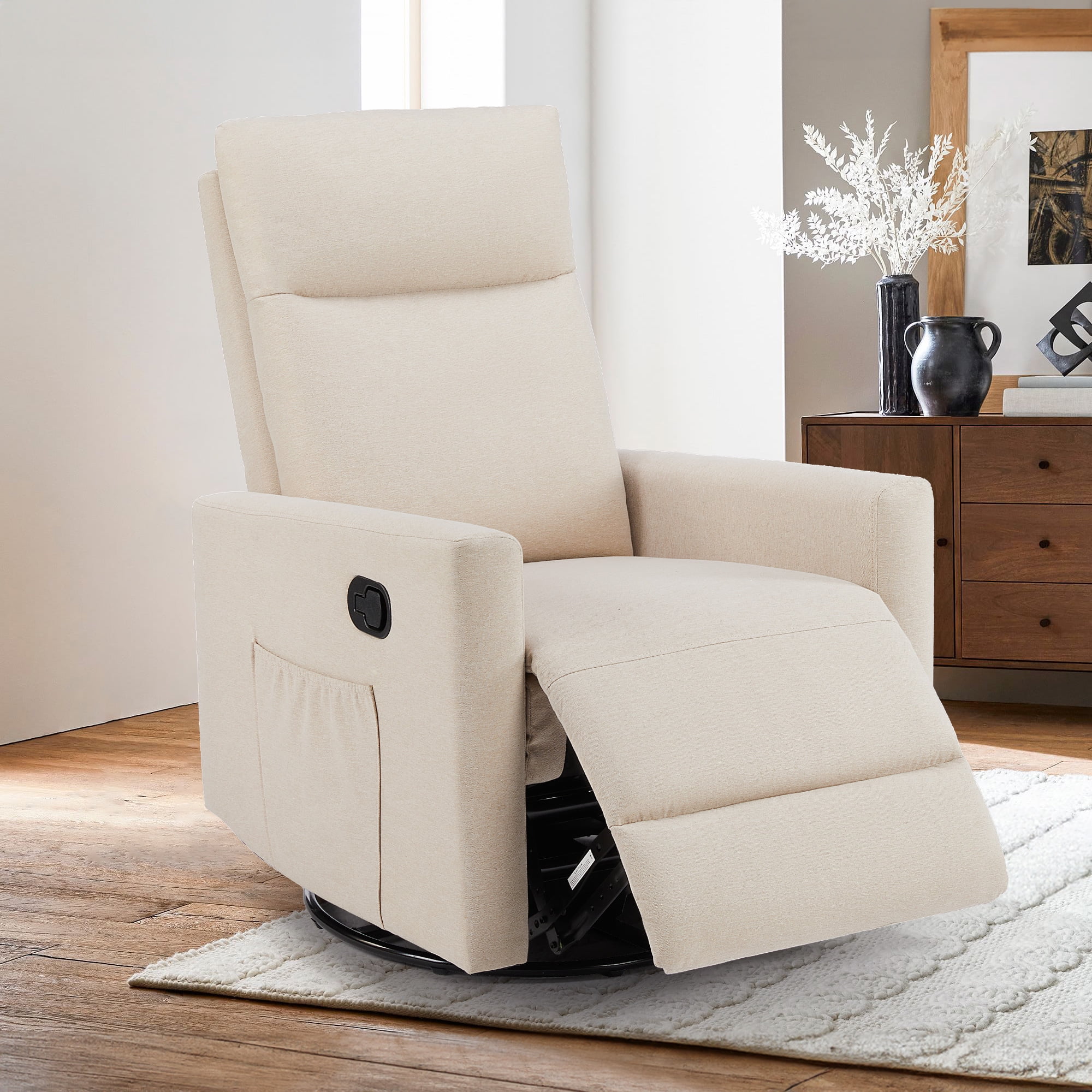Recliner Chair, Swivel Rocking Glider, Nursery Recliner with Extra Large Footrest, High Back Upholstered Deep Seat for Living Room, Beige