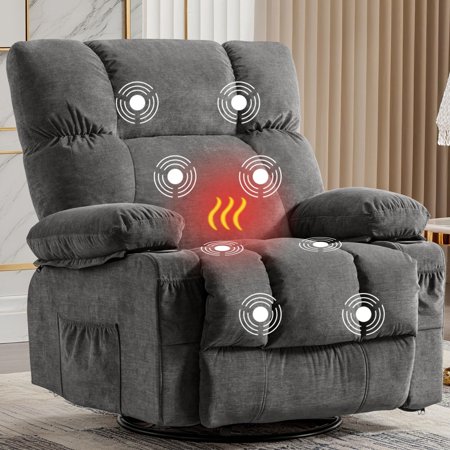 Recliner Chair with Vibration Massage & Lumbar Heating, 360° Swivel Oversized Rocker Recliner with USB Charging Port, Two Cup Holders & Side Pocket for Living Room