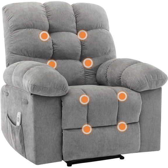Recliner Chair, Wide Rocker Chair, Rocking Chair with Massage and Heat, Heat Ergonomic Overstuffed Breathable Fabric Reclining Chair with 2 Side Pockets, Remote Control, Living Room, Bedroom