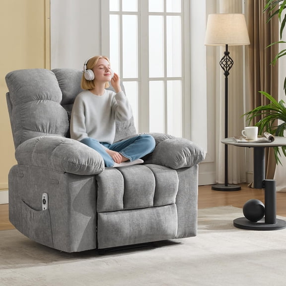 Recliner Chair, Wide Rocker Chair,Rocking Chair with Massage and Heat,Heat Ergonomic Overstuffed Breathable Fabric Reclining Chair with 2 Side Pockets,Remote Control,Living Room,Bedroom,Grey