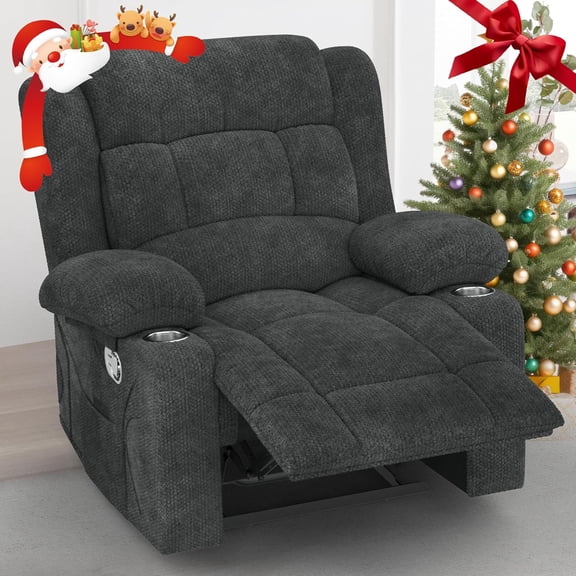 Recliner Chair for Adults, Oversized Fabric Manual Pull Tab Reclining Chair with Cup Holders, Minimalist Style Single Sofa for Living Room, RV (Grey)
