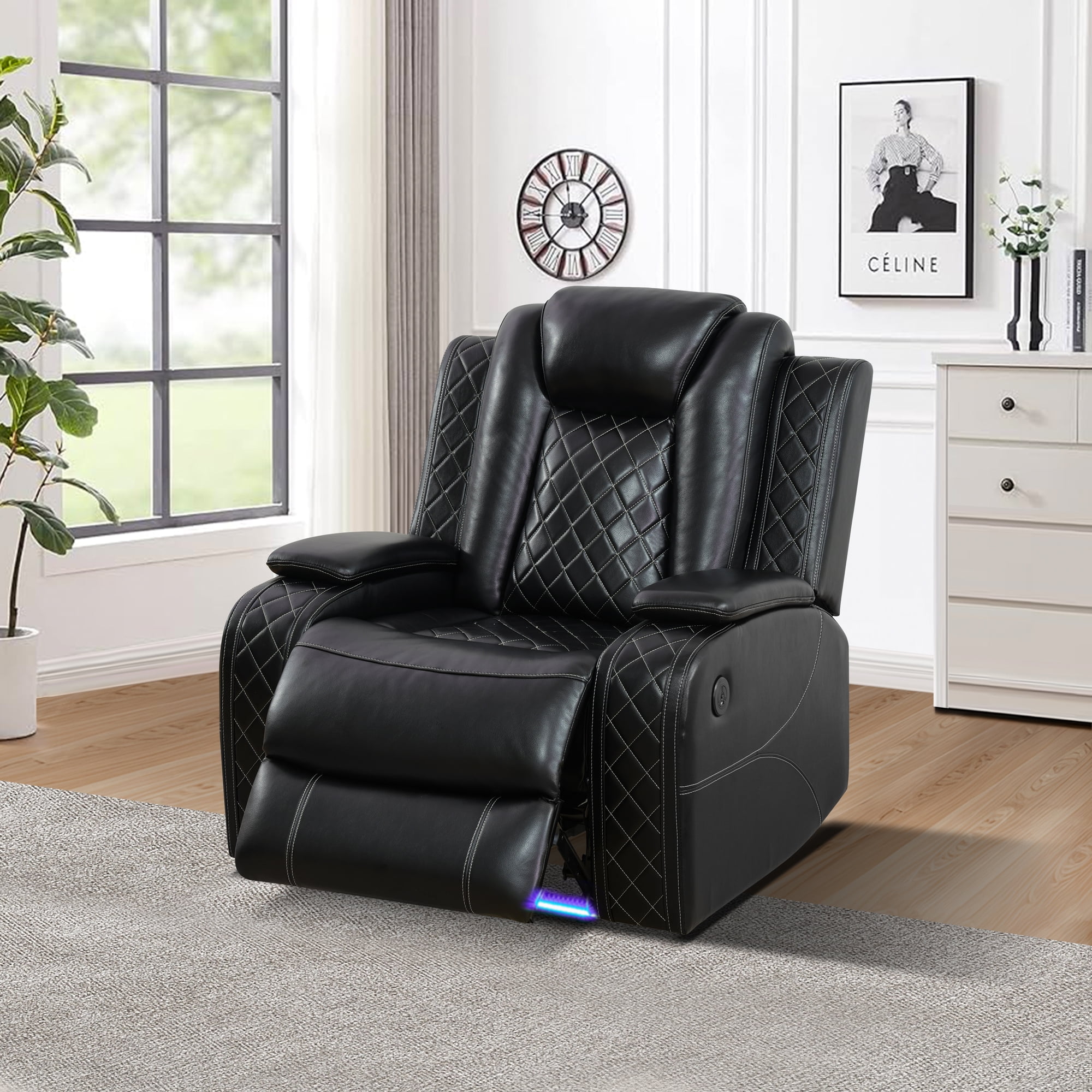 Recliner Chair for Living Room, Power Leather Reclining Sofa Seating Couch with LED Lights/Storage Console/Cup Holders (Black)