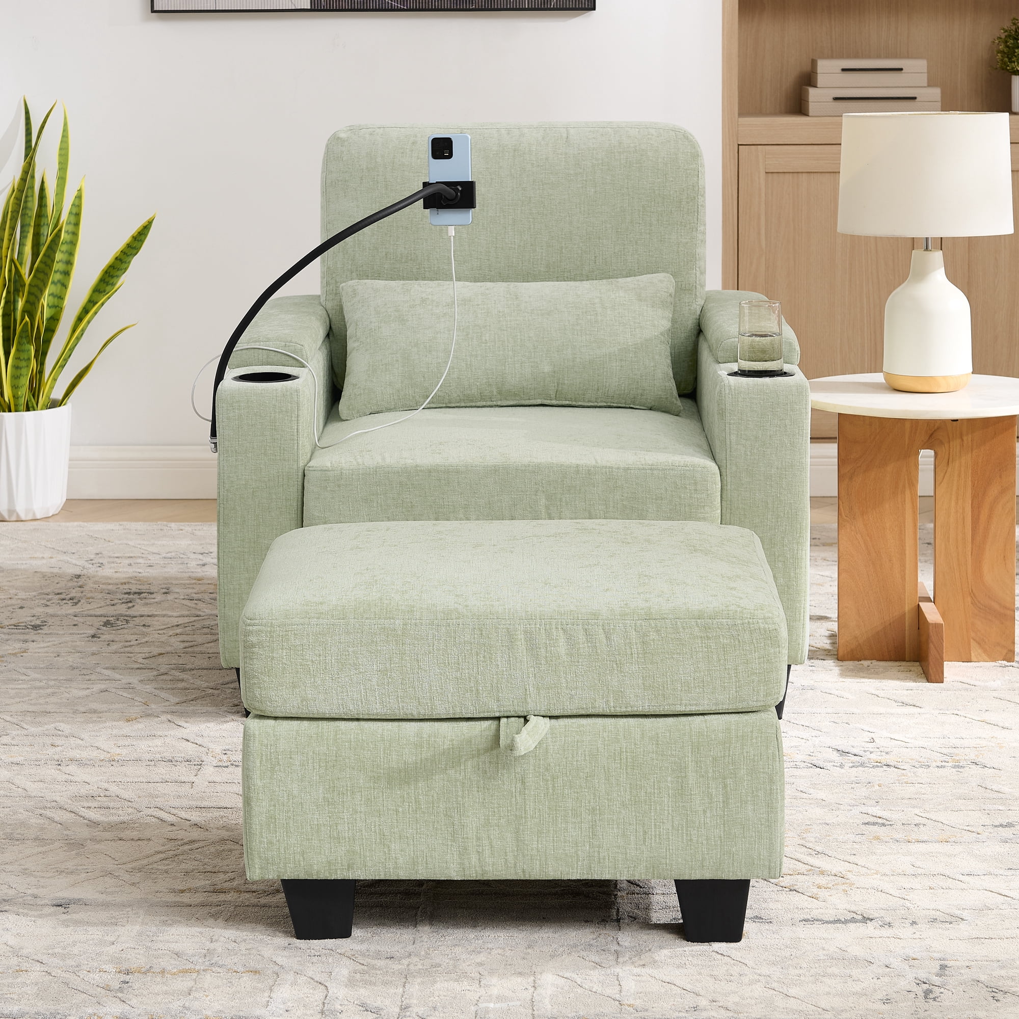 Recliner Chair with Adjustable Backrest, Cup Holders, USB Charging Port, Phone Stand, Arm Storage and Storage Ottoman