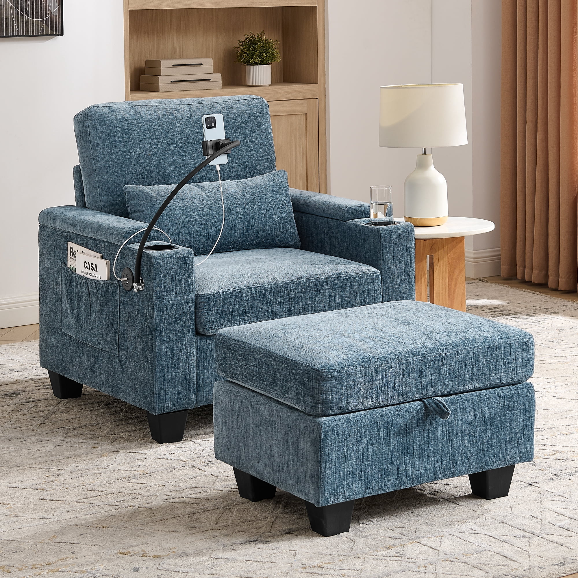 Recliner Chair with Adjustable Backrest, Cup Holders, USB Charging Port, Phone Stand, Arm Storage and Storage Ottoman