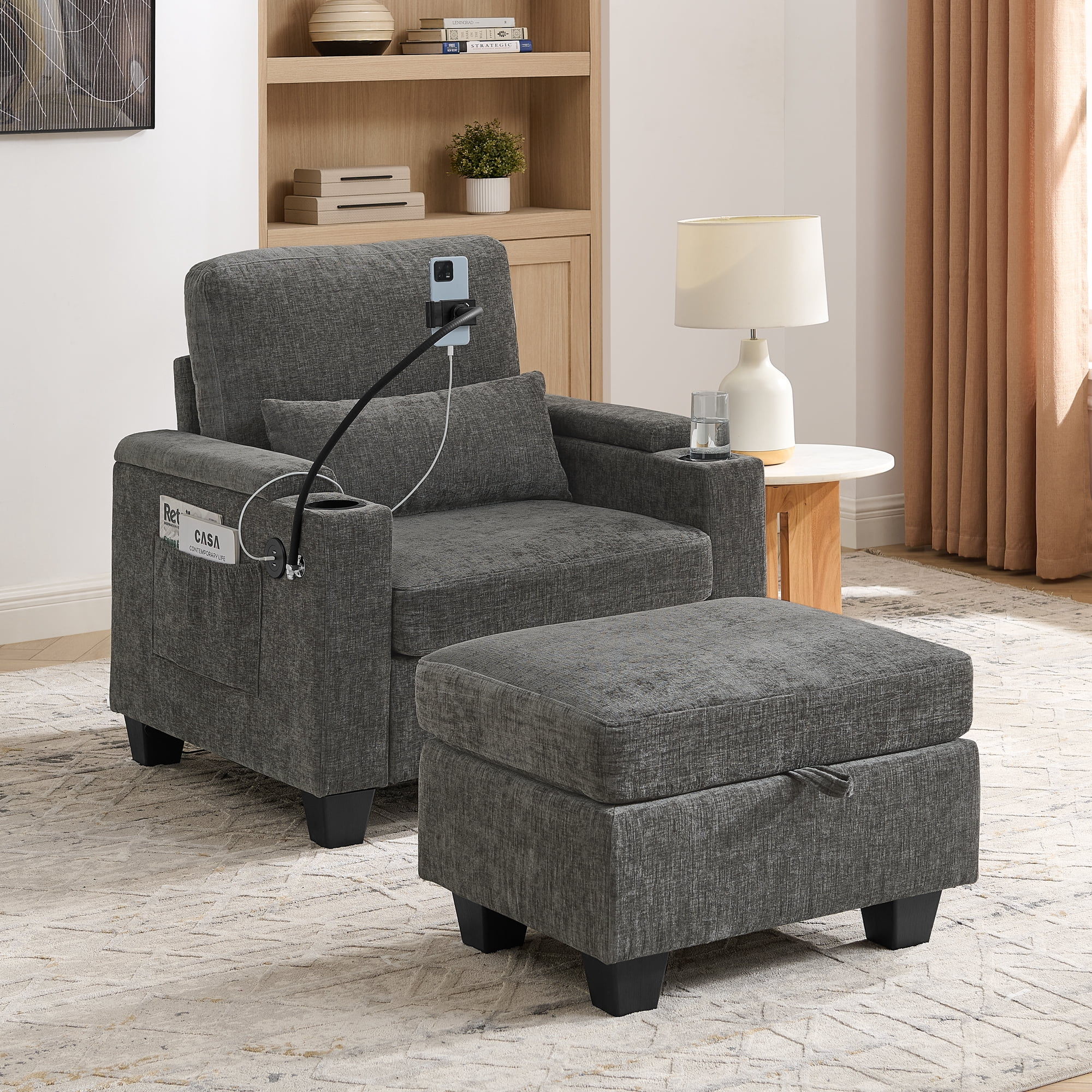 Recliner Chair with Adjustable Backrest, Cup Holders, USB Charging Port, Phone Stand, Arm Storage and Storage Ottoman