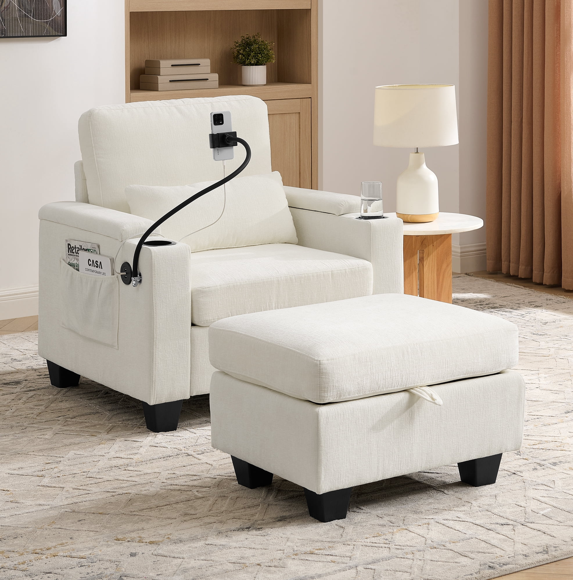 Recliner Chair with Adjustable Backrest, Cup Holders, USB Charging Port, Phone Stand, Arm Storage and Storage Ottoman