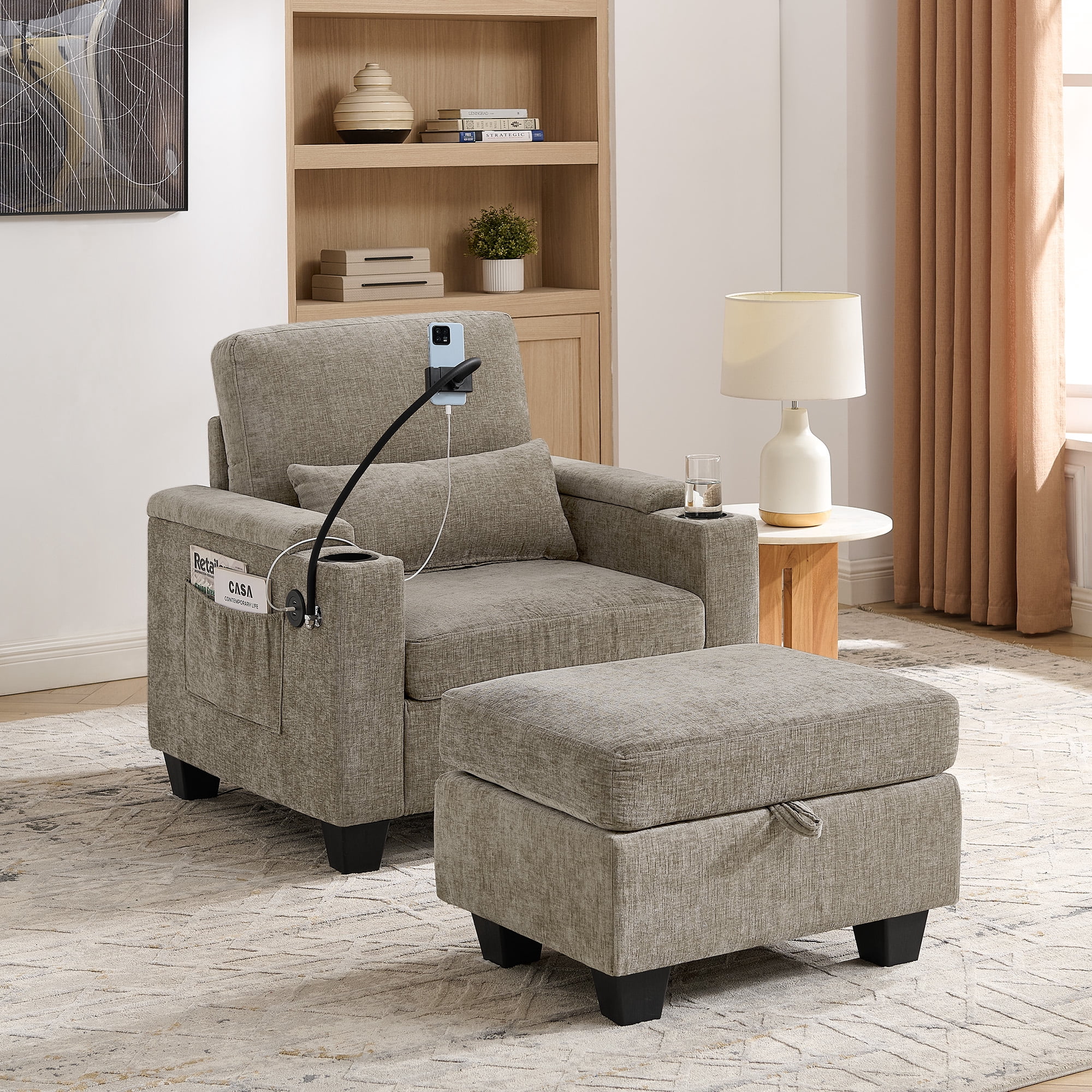 Recliner Chair with Adjustable Backrest, Cup Holders, USB Charging Port, Phone Stand, Arm Storage and Storage Ottoman