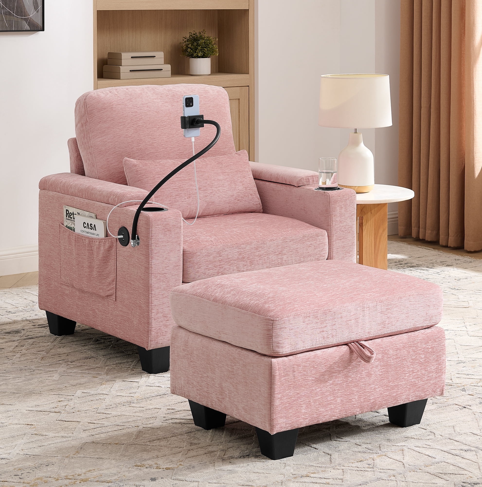 Recliner Chair with Adjustable Backrest, Cup Holders, USB Charging Port, Phone Stand, Arm Storage and Storage Ottoman