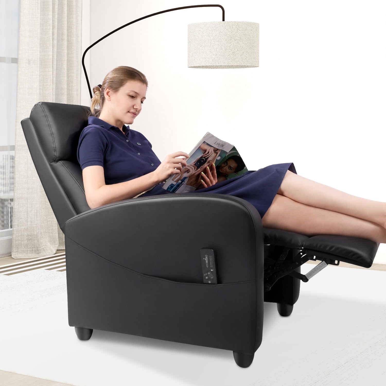 edx Recliner Chair with Massage, PU Leather Single Sofa with Padding Seat for Living Room Bedroom, Black
