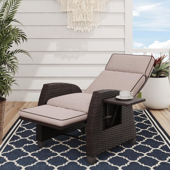 Recliner Chair with Seat Cushion, Hand-Woven Wicker Garden Chair, Adjustable Backrest, Rattan Sun Lounger for Indoor Outdoor Use, Beige