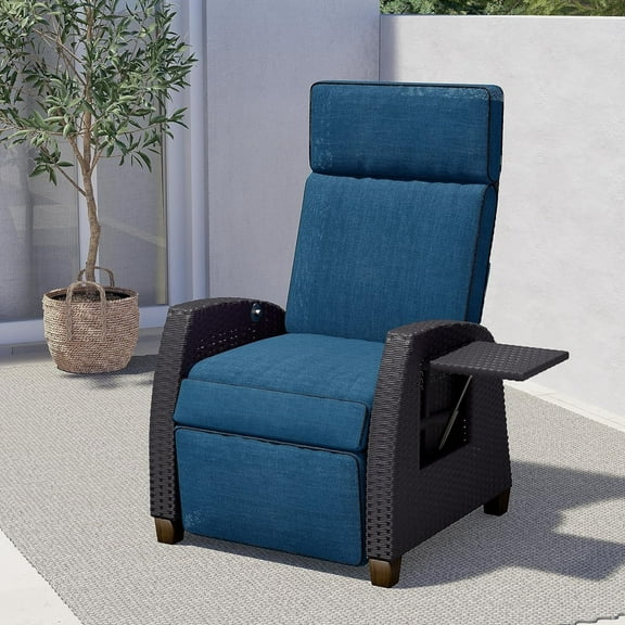Recliner Chair with Seat Cushion, Hand-Woven Wicker Garden Chair, Adjustable Backrest, Rattan Sun Lounger for Indoor Outdoor Use, Blue