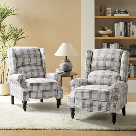 Tina's Home GREENGUARD Certified Plaid Recliner Chairs Set of 2, Vintage Wingback High Back Push Back Manual Recliners for Living Room Grey