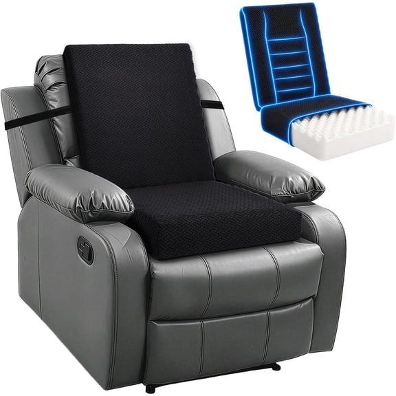 Recliner Cushion for Elderly with Back Support 20x20x5 in, Black | Egg Crate Foam Non-Slip Chair Pad for Seniors Reduces Muscle Fatigue and Improves Air Flow