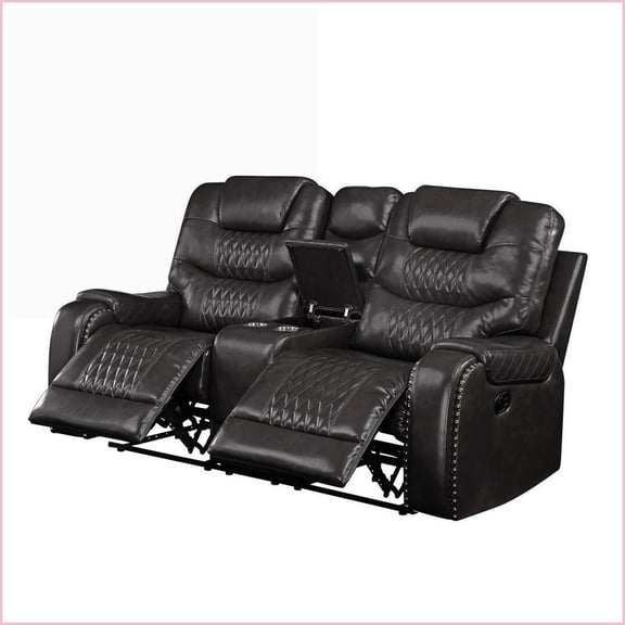 Recliner Loveseat, Braylon Magnetite Synthetic Leather with Cupholder Console | Faux Leather | Brown