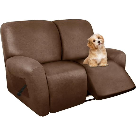 Recliner Loveseat Covers - Leather Like Loveseat 2 Seater Recliner Couch Covers for 2 Cushion Couch 6 Pieces Stretch Dual Reclining Loveseat Couch (Brown)