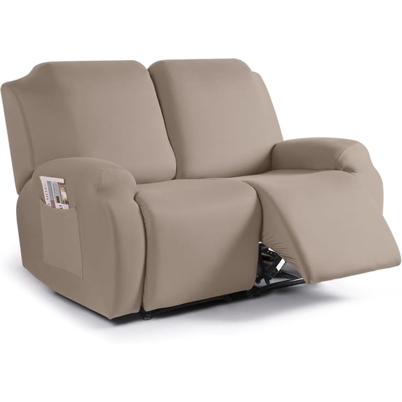 Recliner Loveseat Slipcover, 2 Pieces Polyester Fabric Stretch Sofa Covers for 2 Seat Reclining Couch, Soft Washable Furniture Protector with Pockets (2 Seat, Khaki)