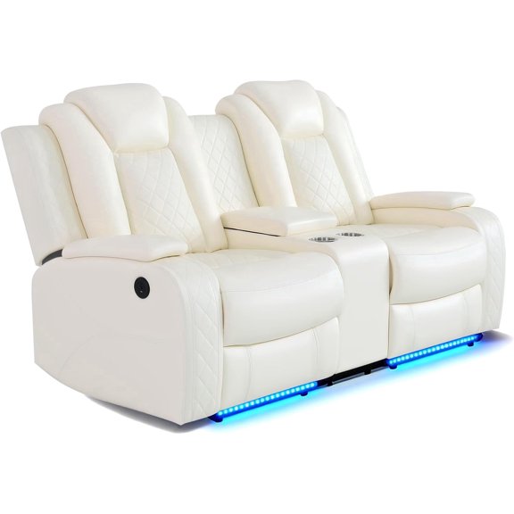 Recliner Loveseat Sofa, Power Reclining Couch w/ Flip-Down Console, LED Lights & USB Ports, Breathing Leather Home Theater Seating for Living Room or RV, White