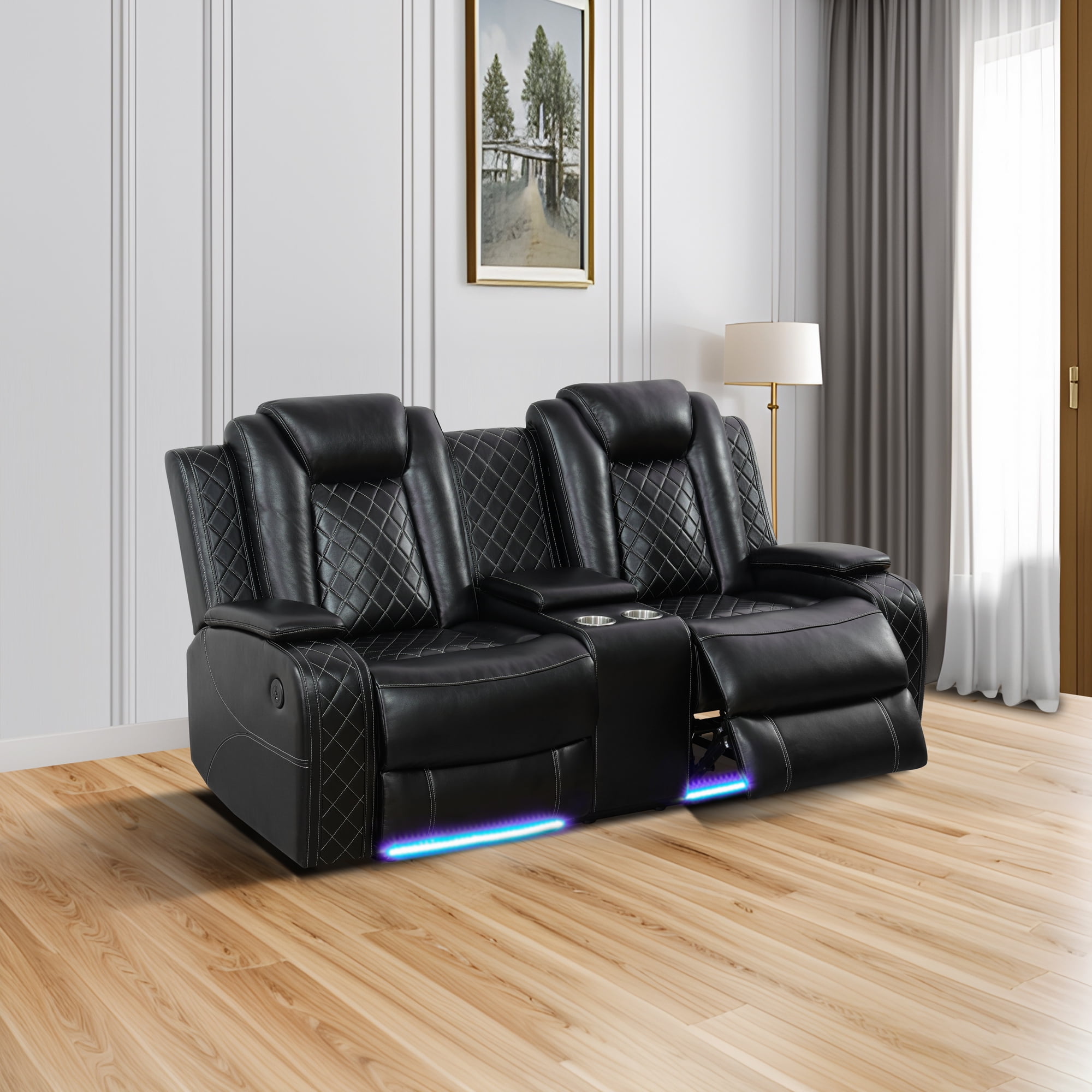 Recliner Loveseat for Living Room, Power Leather Reclining Sofa Seating Couch with LED Lights/Storage Console/Cup Holders (Black)