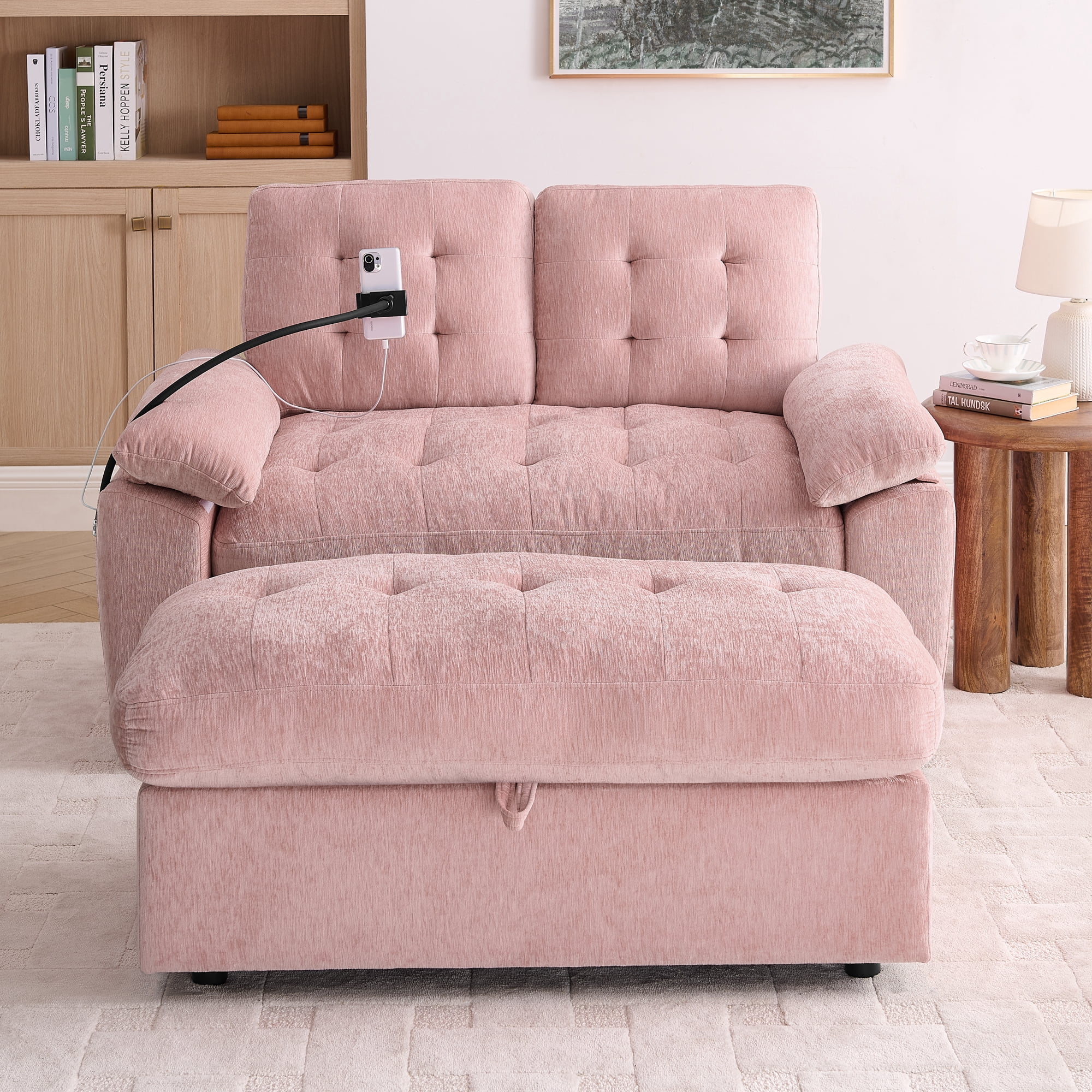 Recliner Loveseat with Adjustable Backrest, Cup Holders, USB Charging Port, Phone Stand and Storage Ottoman