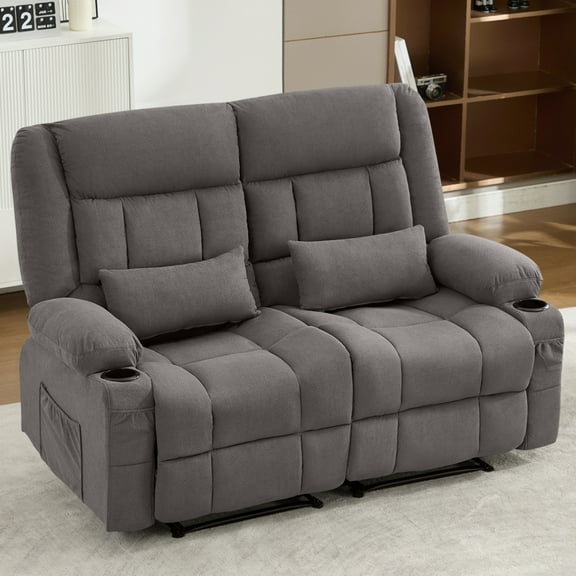 Recliner Loveseat with Cup Holders, 2-Seater Manual Reclining Sofa with Side Pocket, Wall-Hugger Cloud Couches for Living Room, Gray