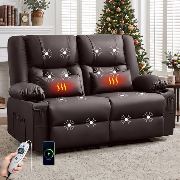 Recliner Loveseat with Massage and Heating for Living, Love Seat Manual Recliner with Cup Holders, Brown, Leather