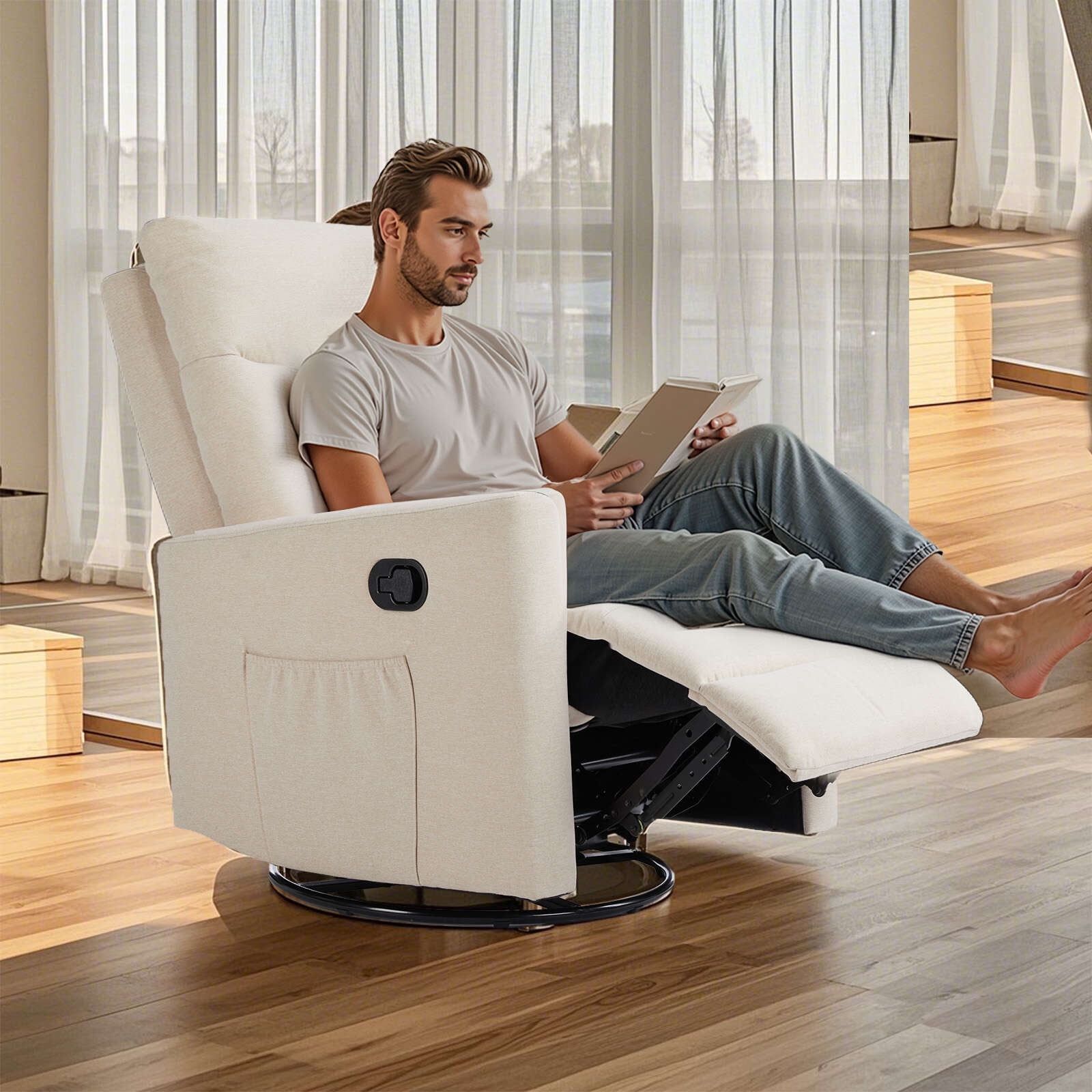 Recliner Message Chair with Footrest, Swivel Rocking Glider, High Back Upholstered Deep Seat for Living Room, Beige