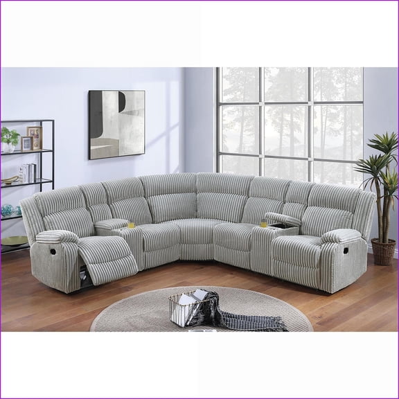 Recliner Sectional, Power Motion with 2 Consoles & USB Ports | Fur-Like Corduroy | Light Gray