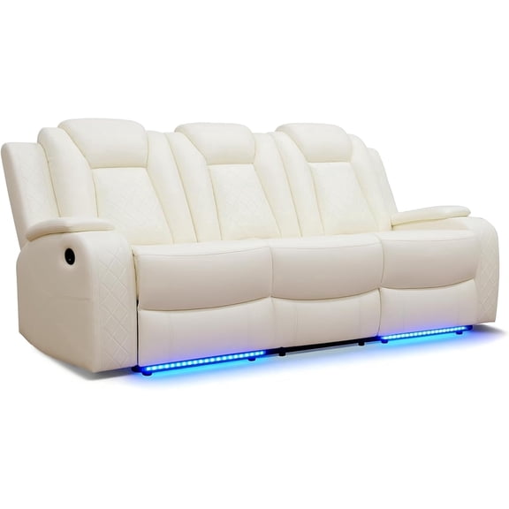 Recliner Sofa 3-Seat Power Reclining Couch with Flip-Down Console, Home Theater Seating with LED Lights & USB Ports, PU Leather White