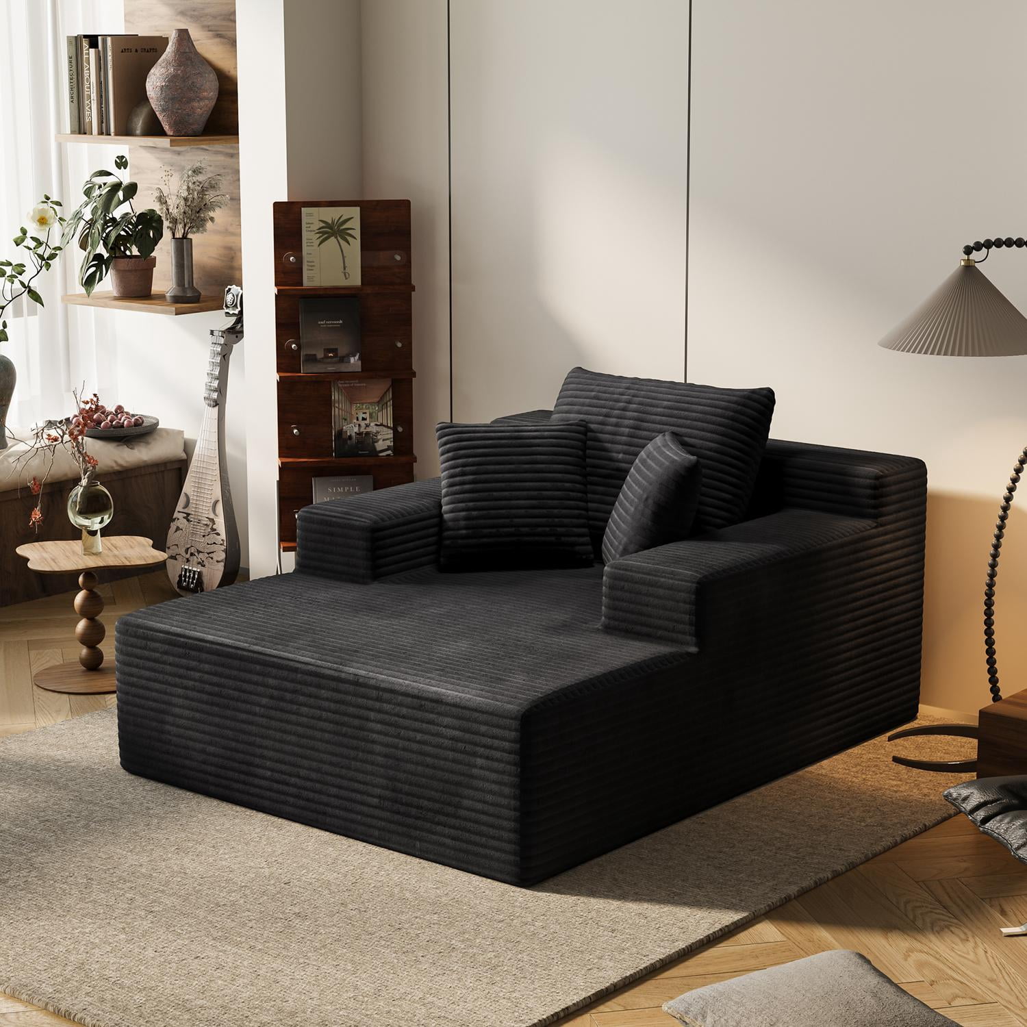 Recliner Sofa Bed, Extra Large Lounger, Deep-Seat Corduroy Sleeper, 600 Lbs Capacity, 64.96-Inch Width, 30.31-Inch Seat Depth, Upholstered Foldable Design for Living Room Bedroom, Black