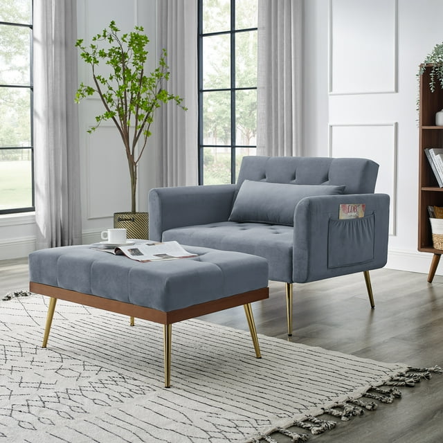 Recliner Sofa Chair with Ottoman, Convertible Sofa Bed with Two Arm Pockets and 1 Pillow Velvet 2 in 1 Chaise Lounge Chair with 3 Adjustable Angles and Wood Frame Accent Chair for Living Room, Grey