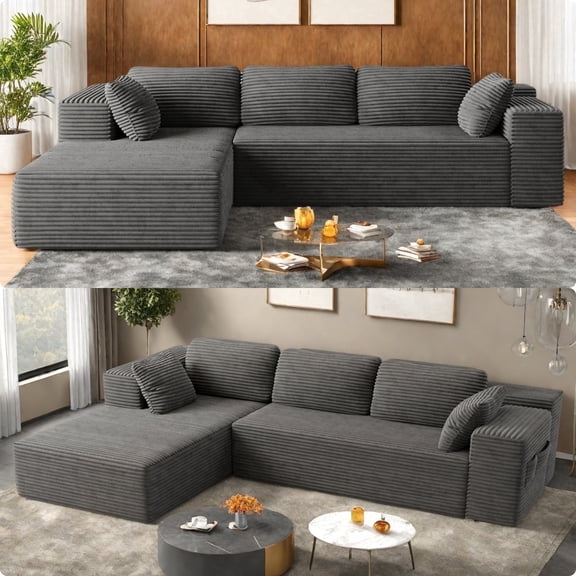 Lofka 105" Plush Corduroy Sleeper Sofa with Deep Soft Seat and Large Side Pocket for Living Room, Free TWO Pillows & Free Assembly, Dark Gray L Shaped Sofa Bed