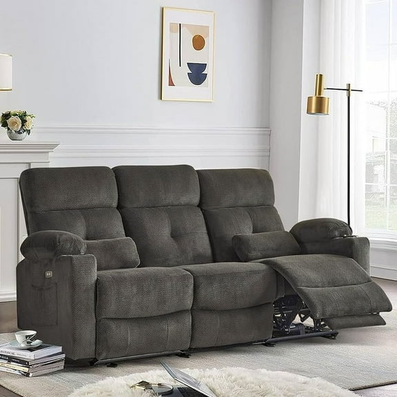 Recliner Sofa, Power Reclining Sofa with Heat and Massage, 3 Seater Power Recliner Couch with USB Ports, Cup Holders, Side Pockets, Plush Fabric Wall Hugger Sofa Recliners for Living Room