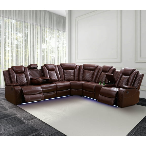 Recliner Sofa Sectional Couches with LED Light for Living Room,Leather Reclining Corner Sectional Sofa with 2 Recliner Seats,Cup Holder,Storage Console for House/Home Theater, Wine