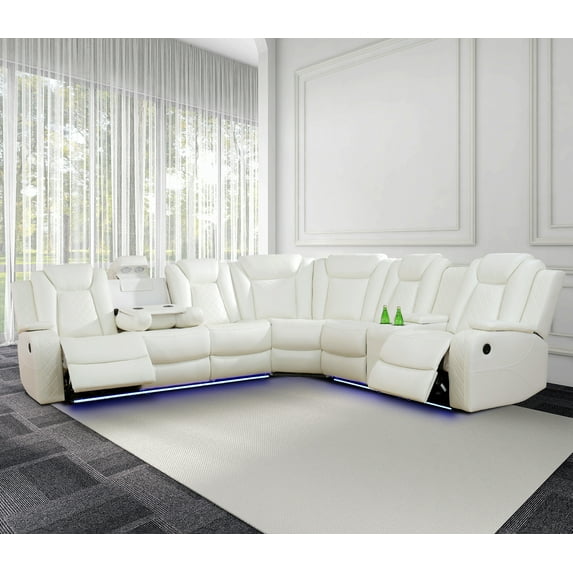 Recliner Sofa Sectional Couches with LED Light for Living Room,Leather Reclining Corner Sectional Sofa with 2 Recliner Seats,Cup Holder,Storage Console for House/Home Theater, Creamy