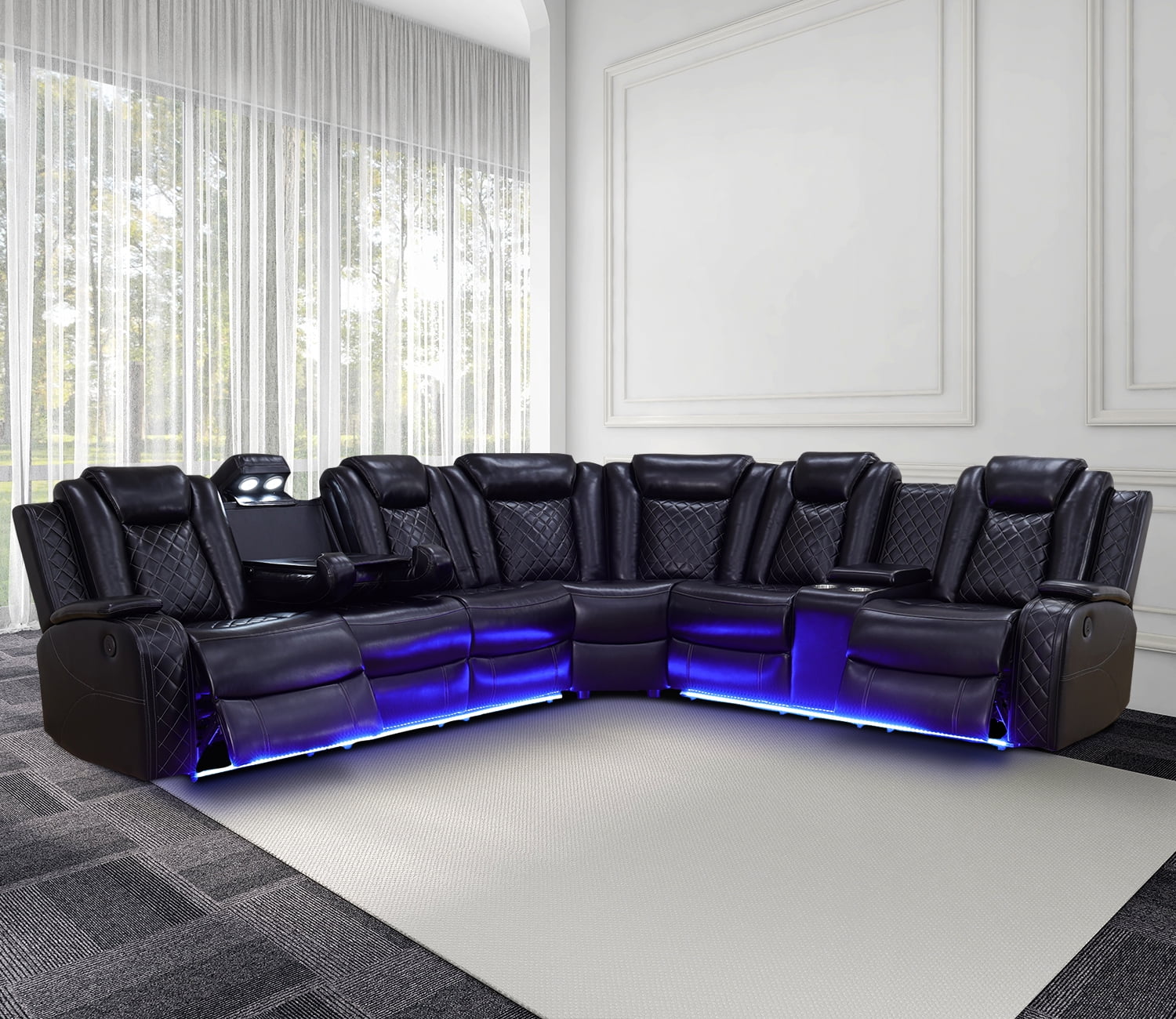 Recliner Sofa Sectional Couches with LED Light for Living Room,Leather Reclining Corner Sectional Sofa with 2 Recliner Seats,Cup Holder,Storage Console for House/Home Theater, Black