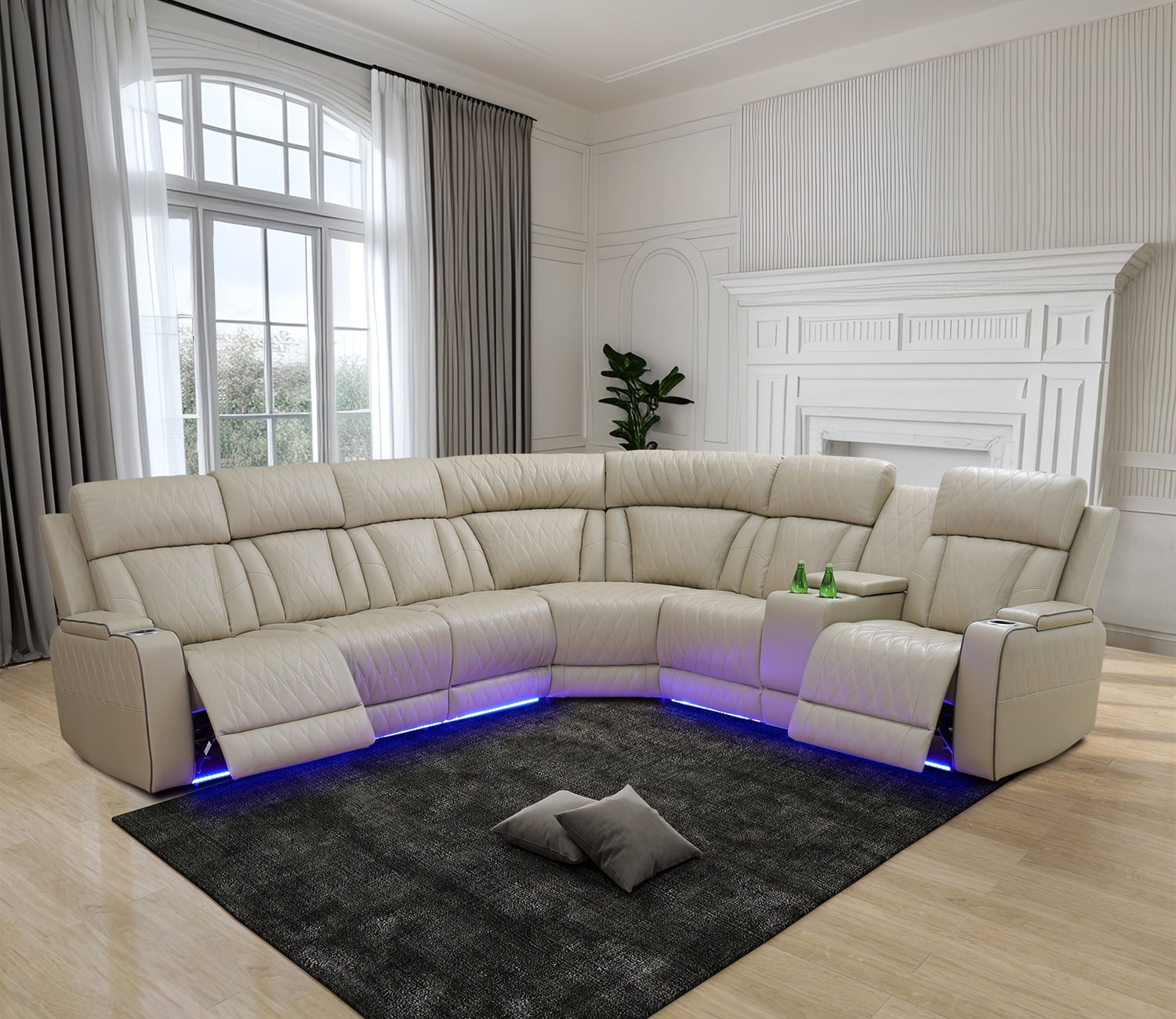 Recliner Sofa Sectional Couches with LED Light for Living Room,Leather Reclining Corner Sectional Sofa with 2 Recliner Seats,Cup Holder,Storage Console for House/Home Theater, Beige