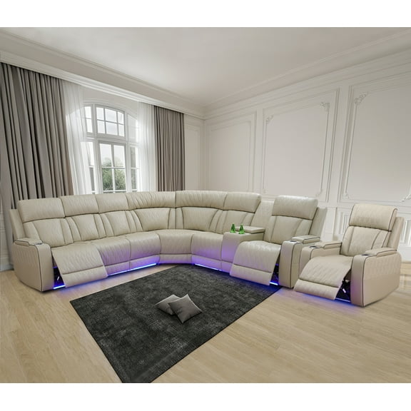 Recliner Sofa Sectional Couches with LED Light for Living Room,Leather Reclining Corner Sectional Sofa with 3 Recliner Seats,Cup Holder,Storage Console for House/Home Theater, Beige