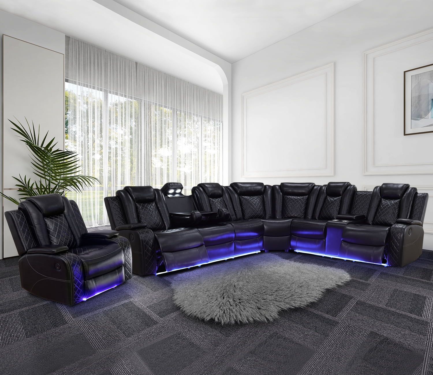 Recliner Sofa Sectional Couches with LED Light for Living Room,Leather Reclining Corner Sectional Sofa with 3 Recliner Seats,Cup Holder,Storage Console for House/Home Theater, Black