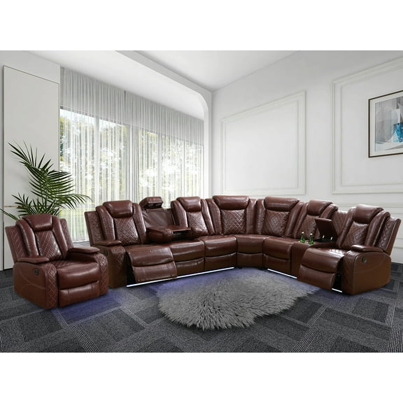 Recliner Sofa Sectional Couches with LED Light for Living Room,Leather Reclining Corner Sectional Sofa with 3 Recliner Seats,Cup Holder,Storage Console for House/Home Theater, Wine