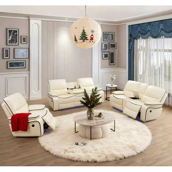 Recliner Sofa Set, Breathing Leather Living Room Furniture, Creamy White Reclining Leather Couch with USB Ports/Cup Holders/Storage Console (Creamy White-Power Recliner, Sofa+Loveseat+Chair)