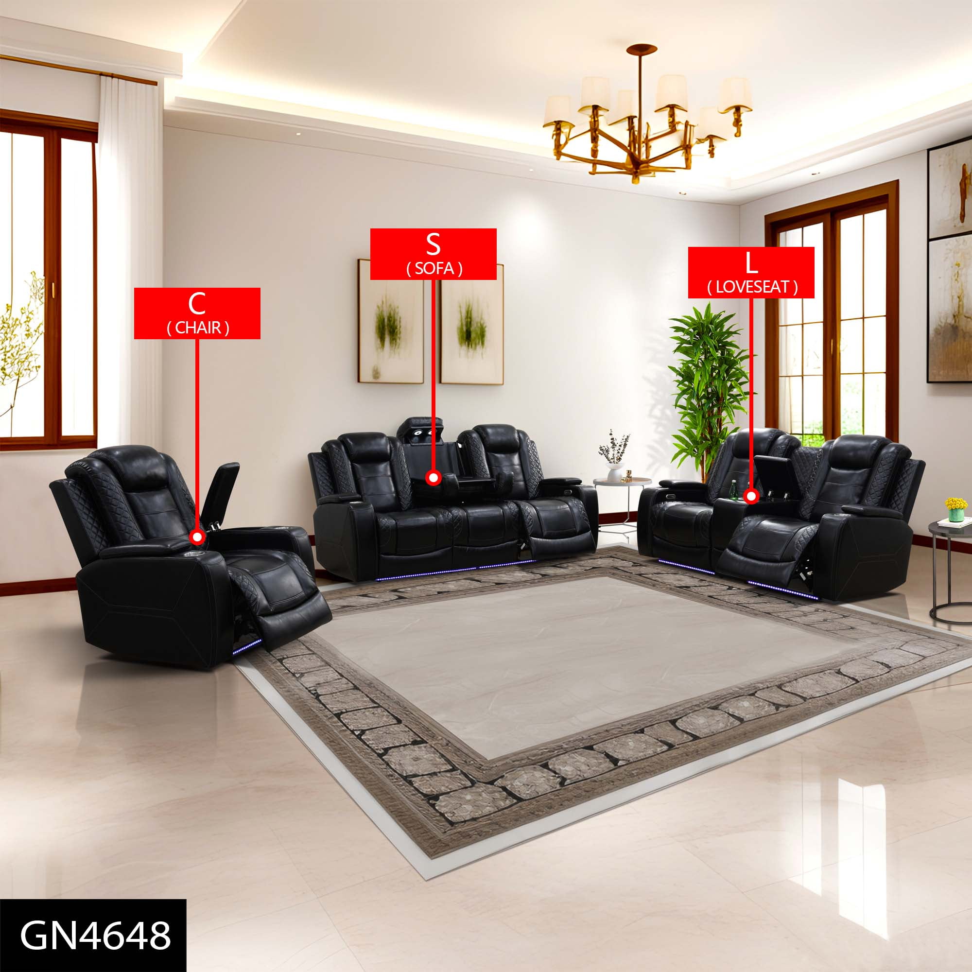 Recliner Sofa Set with LED Lights, Living Room Furniture Set, Breathing Power Leather Sofas with Storage Console/Cup Holders (3 Pieces Black Reclining Chair+Loveseat+Sofa Set)